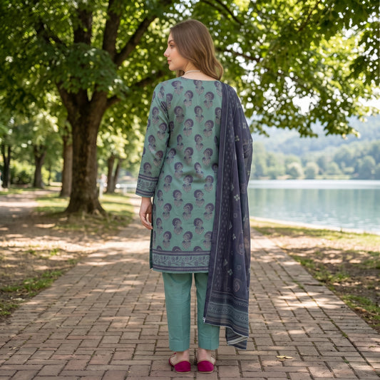 Sea Green Digital Printed Lawn 3-Piece Suit — Navy Floral Dupatta