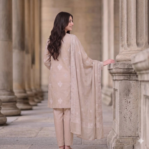Sand Beige Embroidered Party Suit — 3 Piece