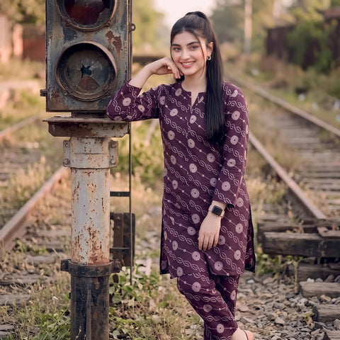 2 Pc Unstitched Digital Printed Lawn Suit - Plum Purple