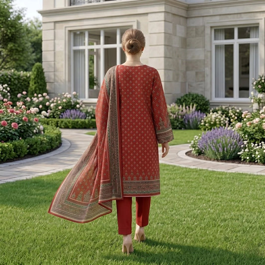 Maroon Geometric Printed Lawn — 3 Piece Unstitched