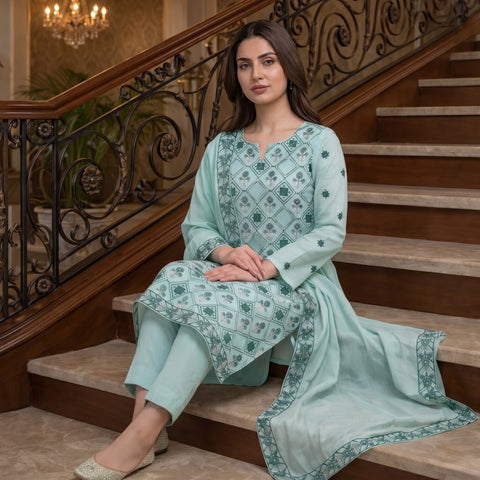 Teal Mint Pure Lawn 3-Piece Suit | Botanical Diamond Handmade Embroidery | Laser Cut & Stone Work | Party Wear