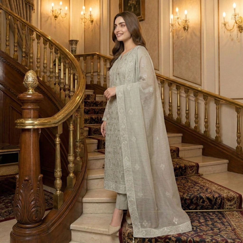 Silver Grey Pure Lawn 3-Piece Suit | Geometric Cross Handmade Embroidery | Laser Cut & Stone Work | Party Wear