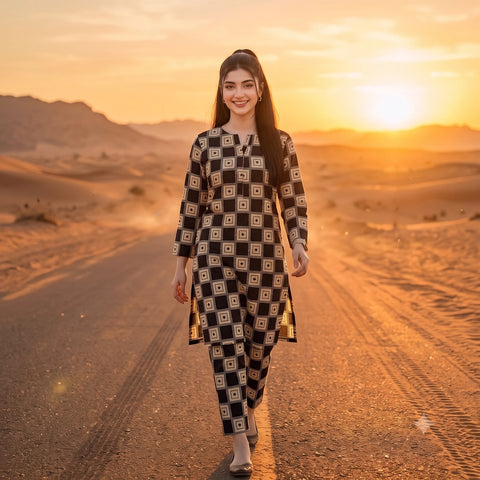 2 Pc Unstitched Digital Printed Lawn Suit - Black Beige Geometric