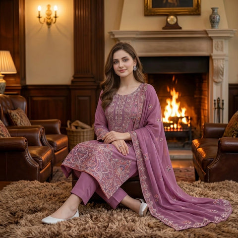 Tea Pink Embroidered Party Suit — 3 Piece