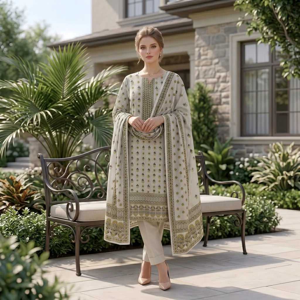 Ivory Sage Mughal Printed Lawn — 3 Piece Unstitched