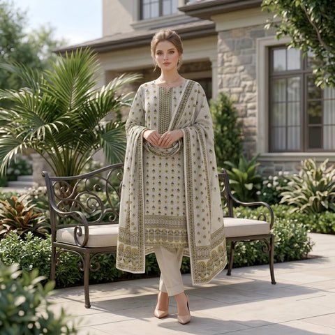 Ivory Sage Mughal Printed Lawn — 3 Piece Unstitched