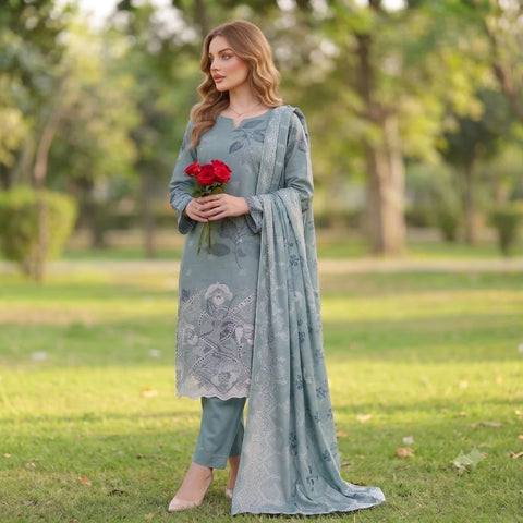 Morning Dew Blue — Premium 3-Piece Printed Lawn Suit with Chikankari & Laser-Cut Hem