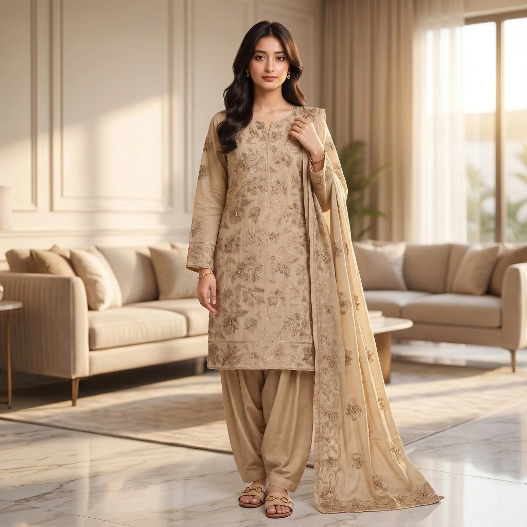 Camel Beige Tilla Party Suit — 3 Piece