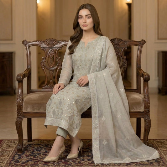 Silver Grey Pure Lawn 3-Piece Suit | Geometric Cross Handmade Embroidery | Laser Cut & Stone Work | Party Wear