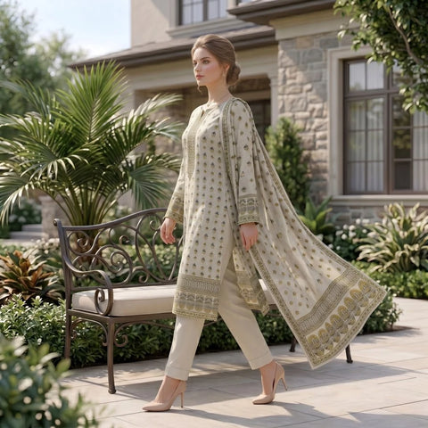 Ivory Sage Mughal Printed Lawn — 3 Piece Unstitched