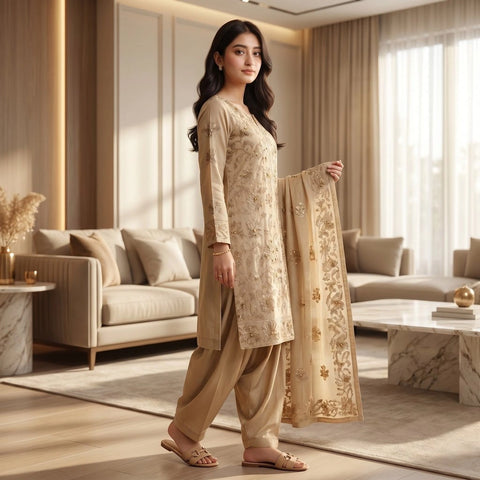 Camel Beige Tilla Party Suit — 3 Piece