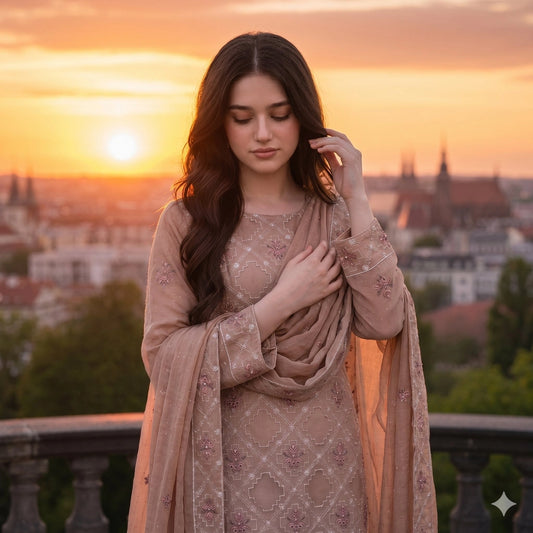 Warm Peach Embroidered Party Suit — 3 Piece