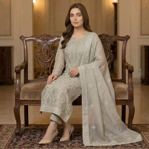 Silver Grey Pure Lawn 3-Piece Suit | Geometric Cross Handmade Embroidery | Laser Cut & Stone Work | Party Wear