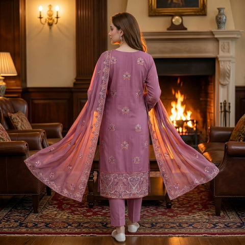 Tea Pink Embroidered Party Suit — 3 Piece