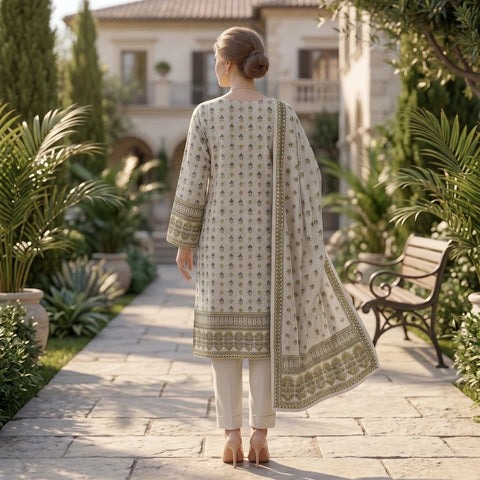 Ivory Sage Mughal Printed Lawn — 3 Piece Unstitched