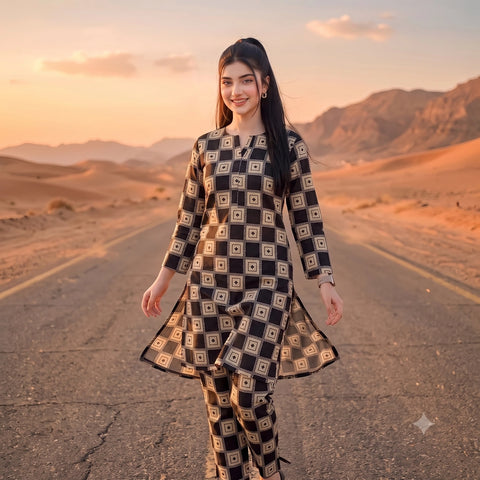 2 Pc Unstitched Digital Printed Lawn Suit - Black Beige Geometric