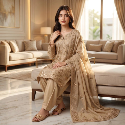 Camel Beige Tilla Party Suit — 3 Piece