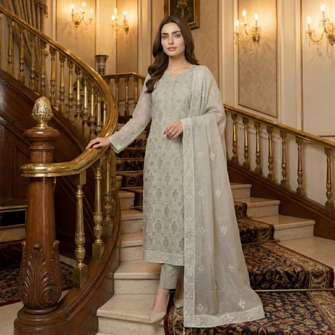 Silver Grey Pure Lawn 3-Piece Suit | Geometric Cross Handmade Embroidery | Laser Cut & Stone Work | Party Wear