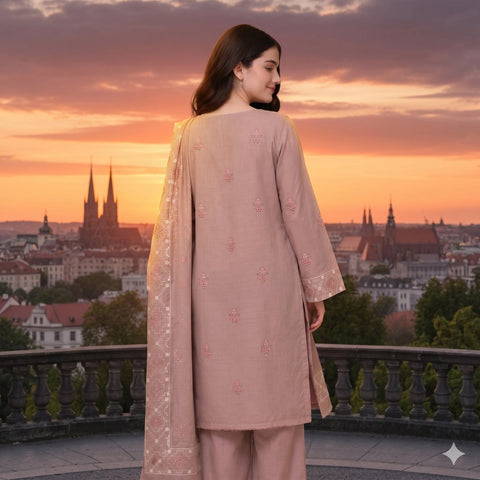 Warm Peach Embroidered Party Suit — 3 Piece