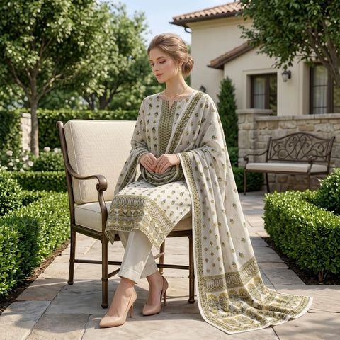 Ivory Sage Mughal Printed Lawn — 3 Piece Unstitched