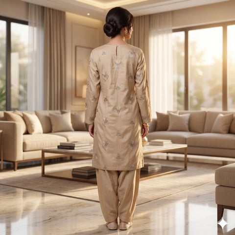Camel Beige Tilla Party Suit — 3 Piece