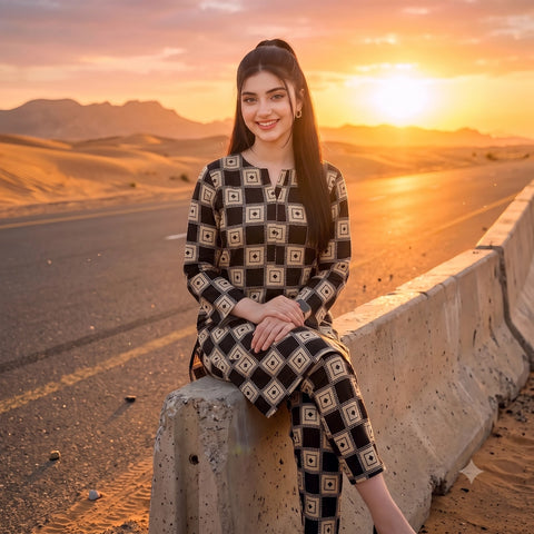2 Pc Unstitched Digital Printed Lawn Suit - Black Beige Geometric