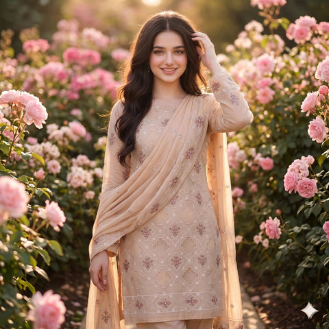 Skin Beige Embroidered Party Suit — 3 Piece