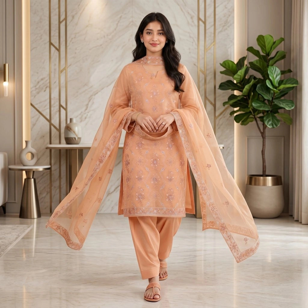 Peach Orange Tilla Party Suit — 3 Piece