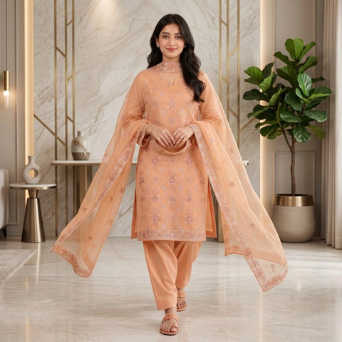 Peach Orange Tilla Party Suit — 3 Piece