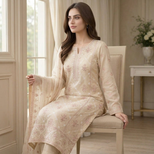 Cream Pure Lawn 3-Piece Suit | Pink Floral Handmade Embroidery | Laser Cut & Stone Work | Party Wear