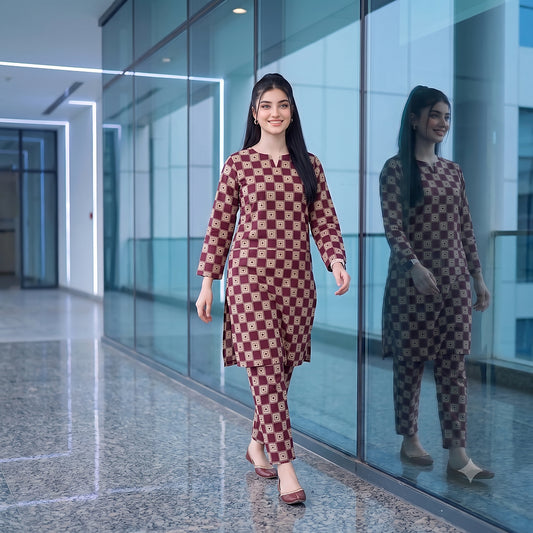 2 Pc Unstitched Digital Printed Lawn Suit - Maroon Square Pattern