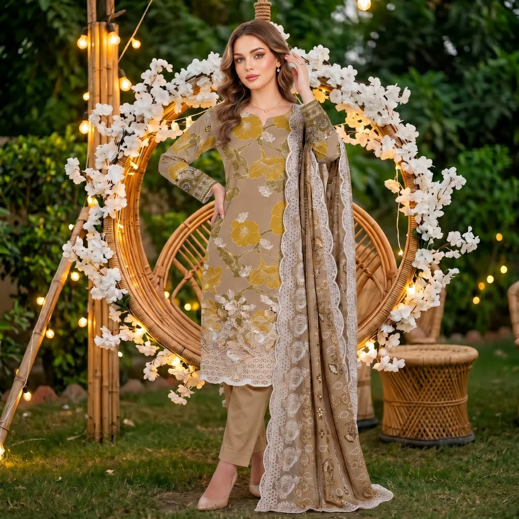 Khaki Chikankari Lawn — 3 Piece Unstitched