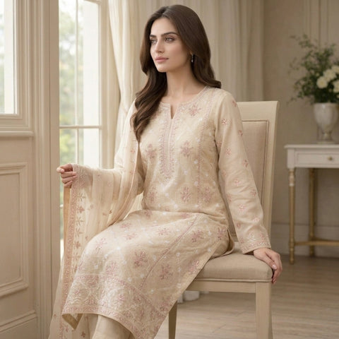 Cream Pure Lawn 3-Piece Suit | Pink Floral Handmade Embroidery | Laser Cut & Stone Work | Party Wear