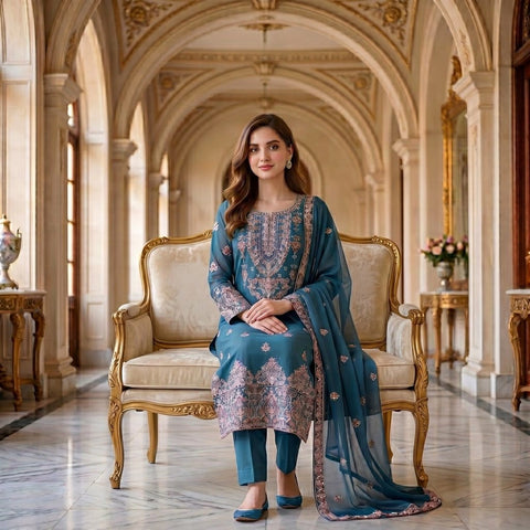 Teal Blue Embroidered Party Suit — 3 Piece
