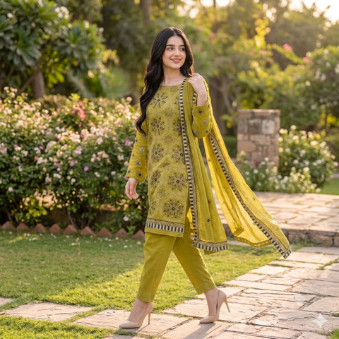 Graceful Mehndi-Green  Embroidered Party Suit — 3 Piece