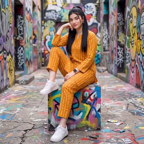 2 Pc Unstitched Digital Printed Lawn Suit - Mustard Linear Print
