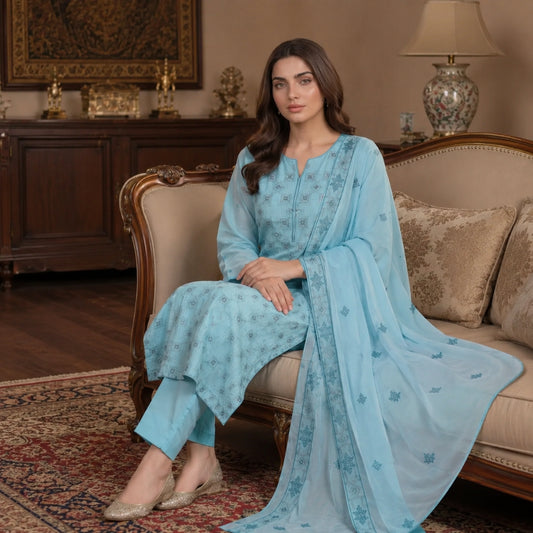 Sky Blue Pure Lawn 3-Piece Suit | Geometric Handmade Embroidery | Laser Cut & Stone Work | Party Wear