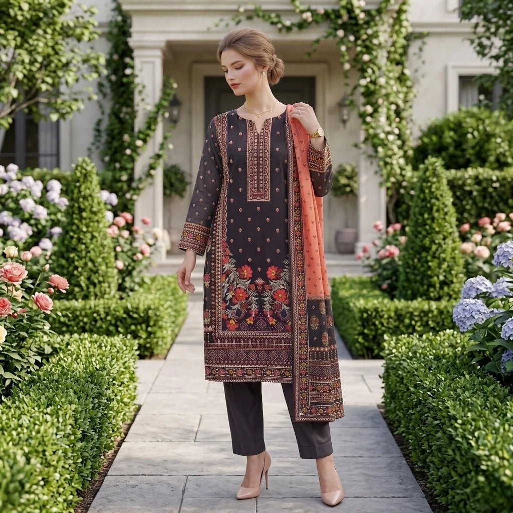 Dark Charcoal Floral Printed Lawn — 3 Piece Unstitched