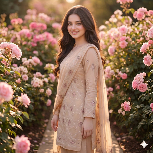 Skin Beige Embroidered Party Suit — 3 Piece