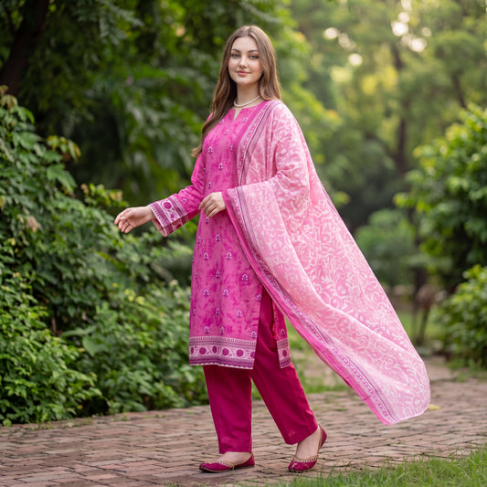 Hot Pink Digital Printed Lawn 3-Piece Suit — Ivory Filigree Dupatta