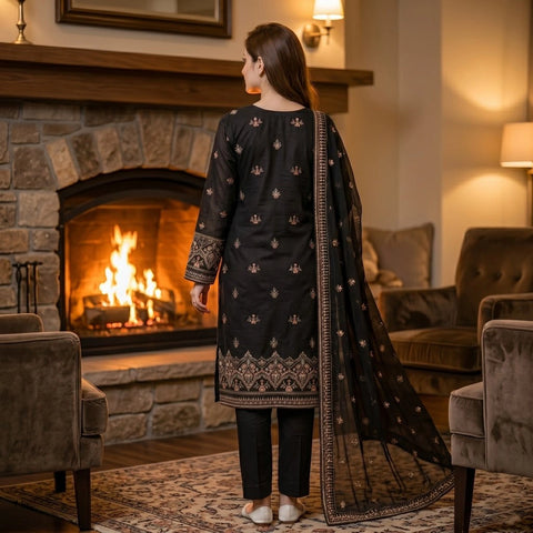 Black Embroidered Party Suit — 3 Piece