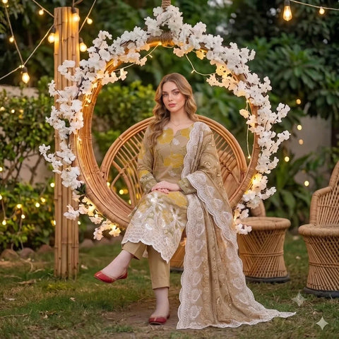 Khaki Chikankari Lawn — 3 Piece Unstitched