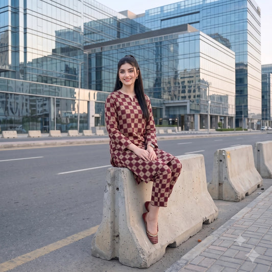 2 Pc Unstitched Digital Printed Lawn Suit - Maroon Square Pattern