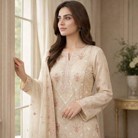 Cream Pure Lawn 3-Piece Suit | Pink Floral Handmade Embroidery | Laser Cut & Stone Work | Party Wear