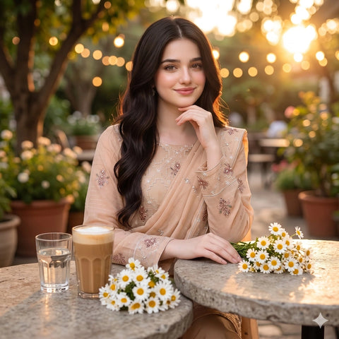 Skin Beige Embroidered Party Suit — 3 Piece