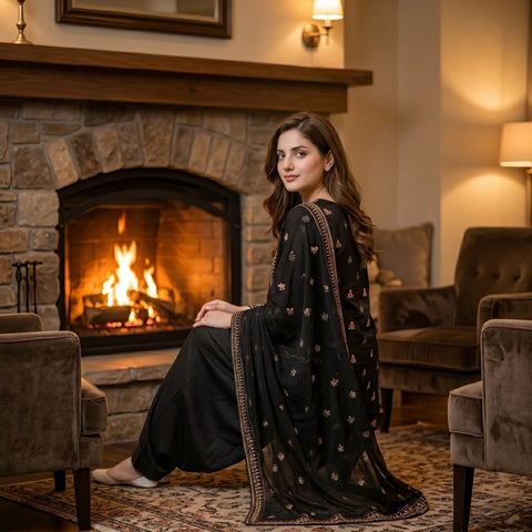 Black Embroidered Party Suit — 3 Piece