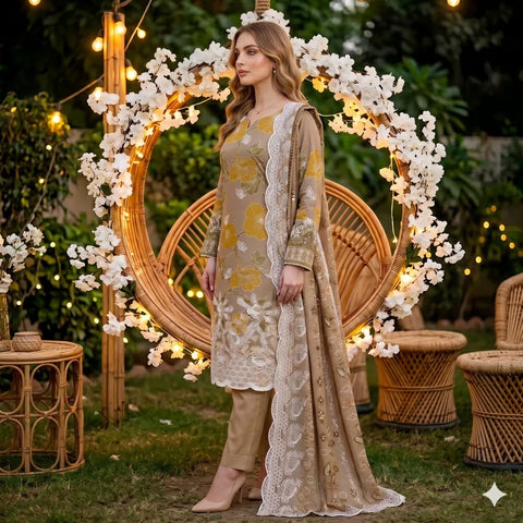 Khaki Chikankari Lawn — 3 Piece Unstitched