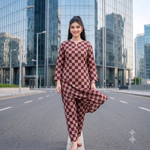 2 Pc Unstitched Digital Printed Lawn Suit - Maroon Square Pattern