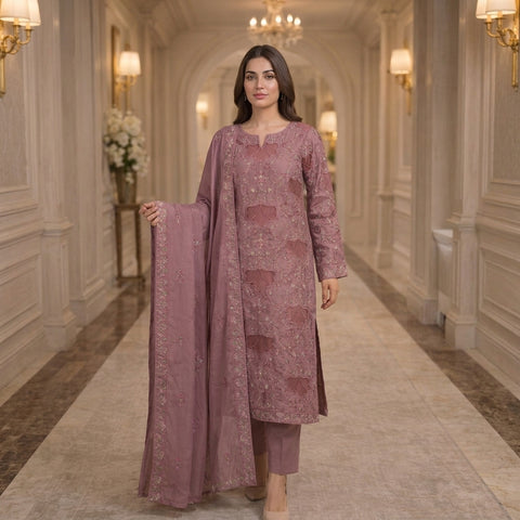 Dusty Rose Pure Lawn 3-Piece Suit | Petal Appliqué & Handmade Floral Embroidery | Laser Cut & Stone Work | Party Wear
