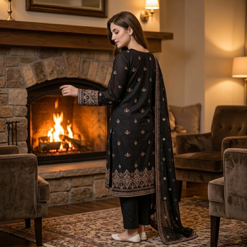Black Embroidered Party Suit — 3 Piece